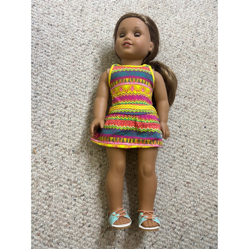 American Girl Doll Brown Hair Brown Eyes Tribal Dress Blue Sandals 18 Inch